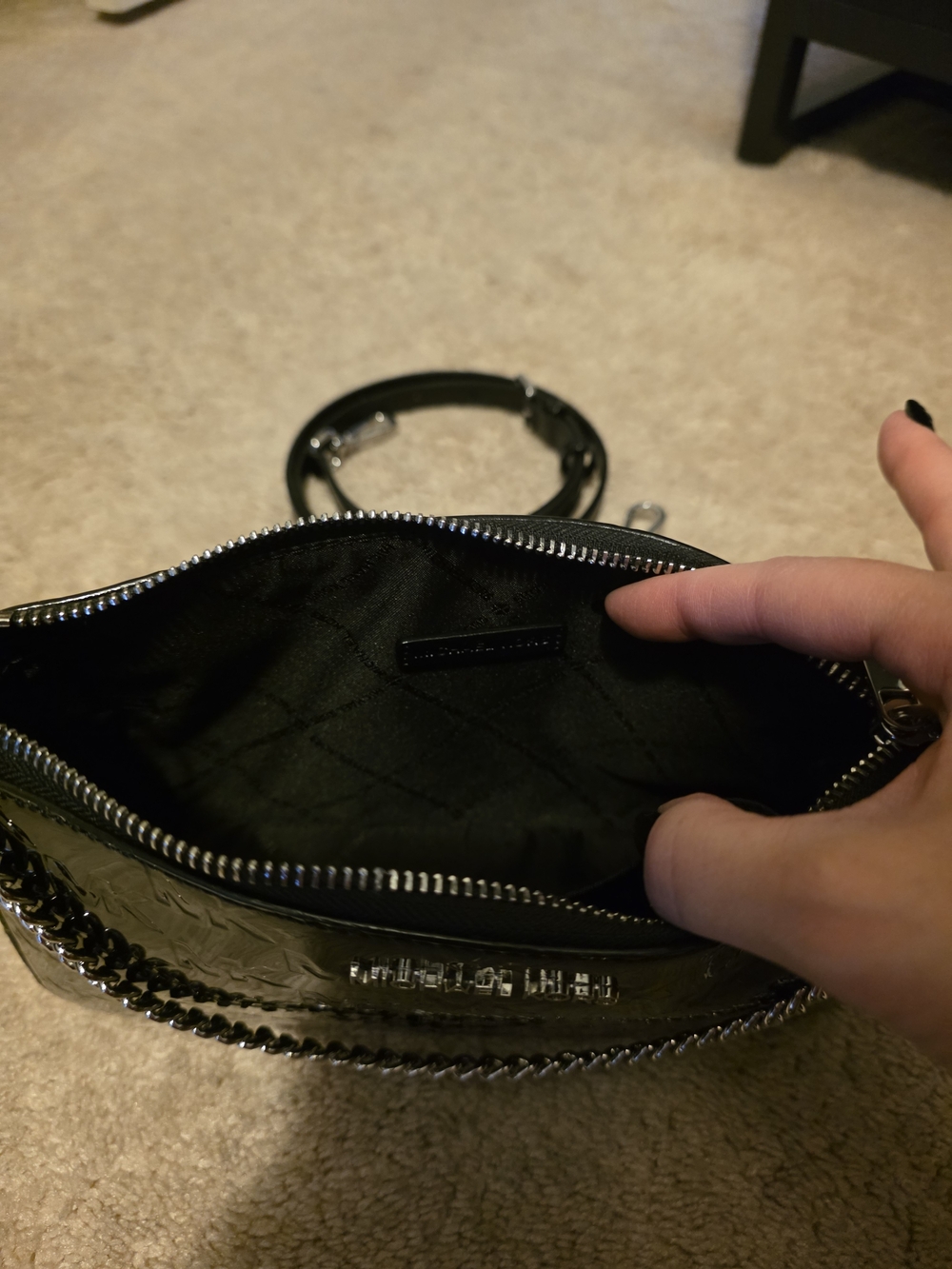 Michael Kors Black Patent Crossbody with Silver Chain